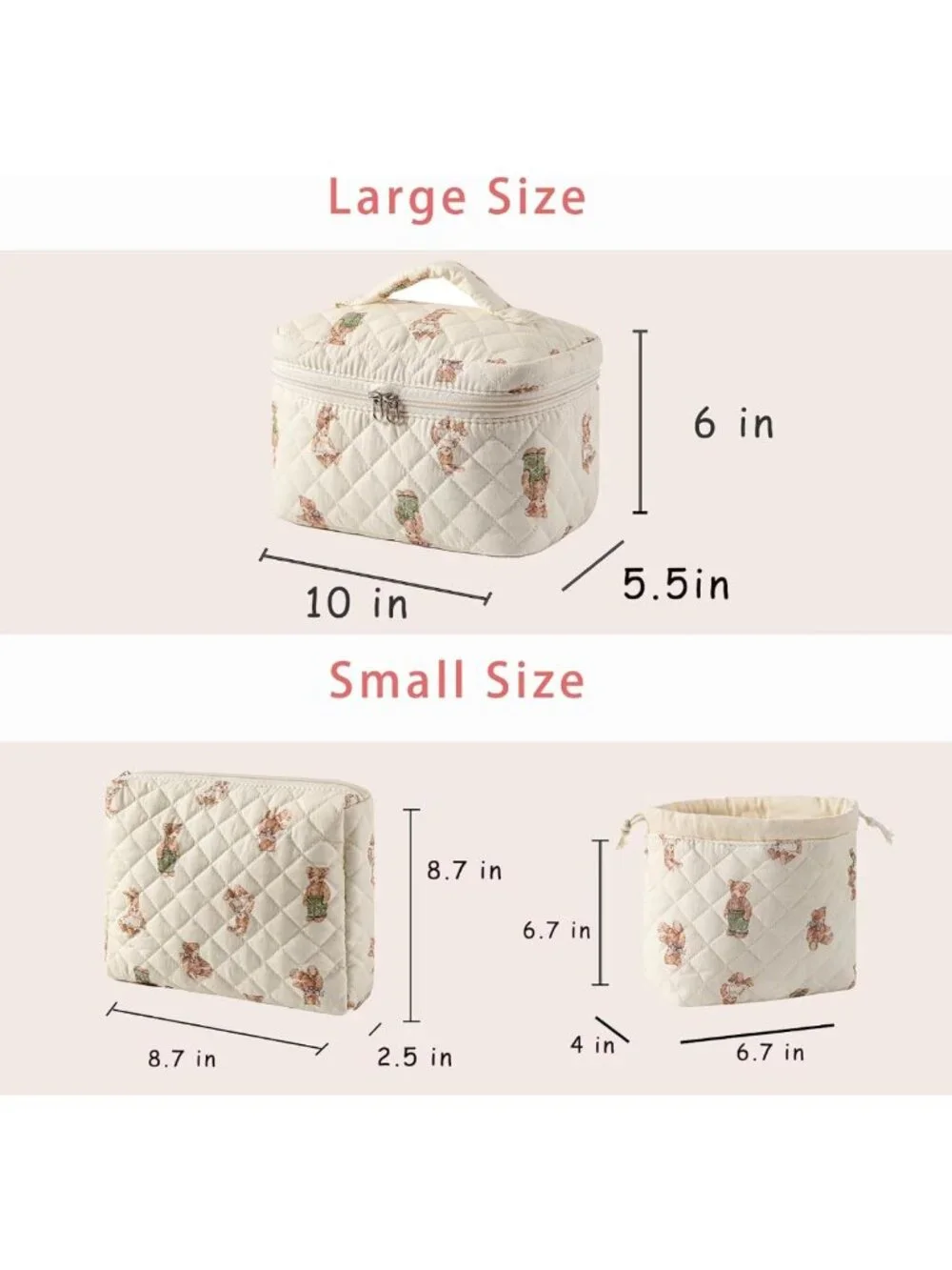 3-Piece Large Cotton Quilted Makeup Bag Set - Cute Travel Toiletry & Gift Bags